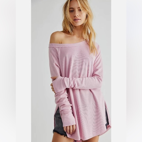 We the Free Pink Waffle Oversized Long Sleeve Slouchy Blouse Size Small - Picture 1 of 8